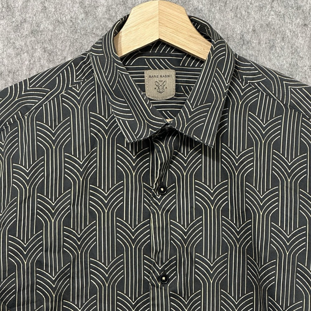 Rare Rabbit Millens Geometric‎ Print Button Up Shirt Black Gold Pattern Men's M